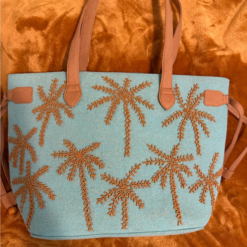 Palm Tree Embroidered Tote Bag - Blue and Tan